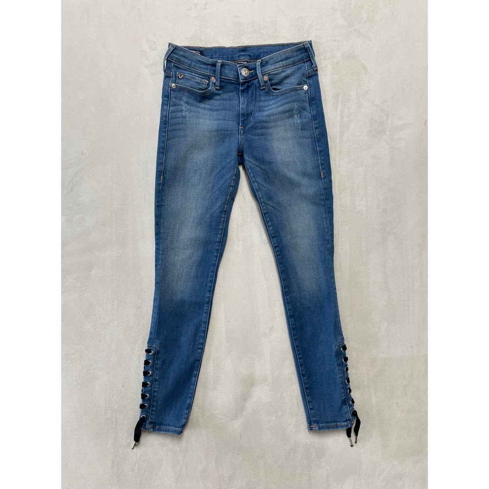 True Religion Halle Mid Rise Super Skinny Blue Lace Up Ankle Jeans Womens 25